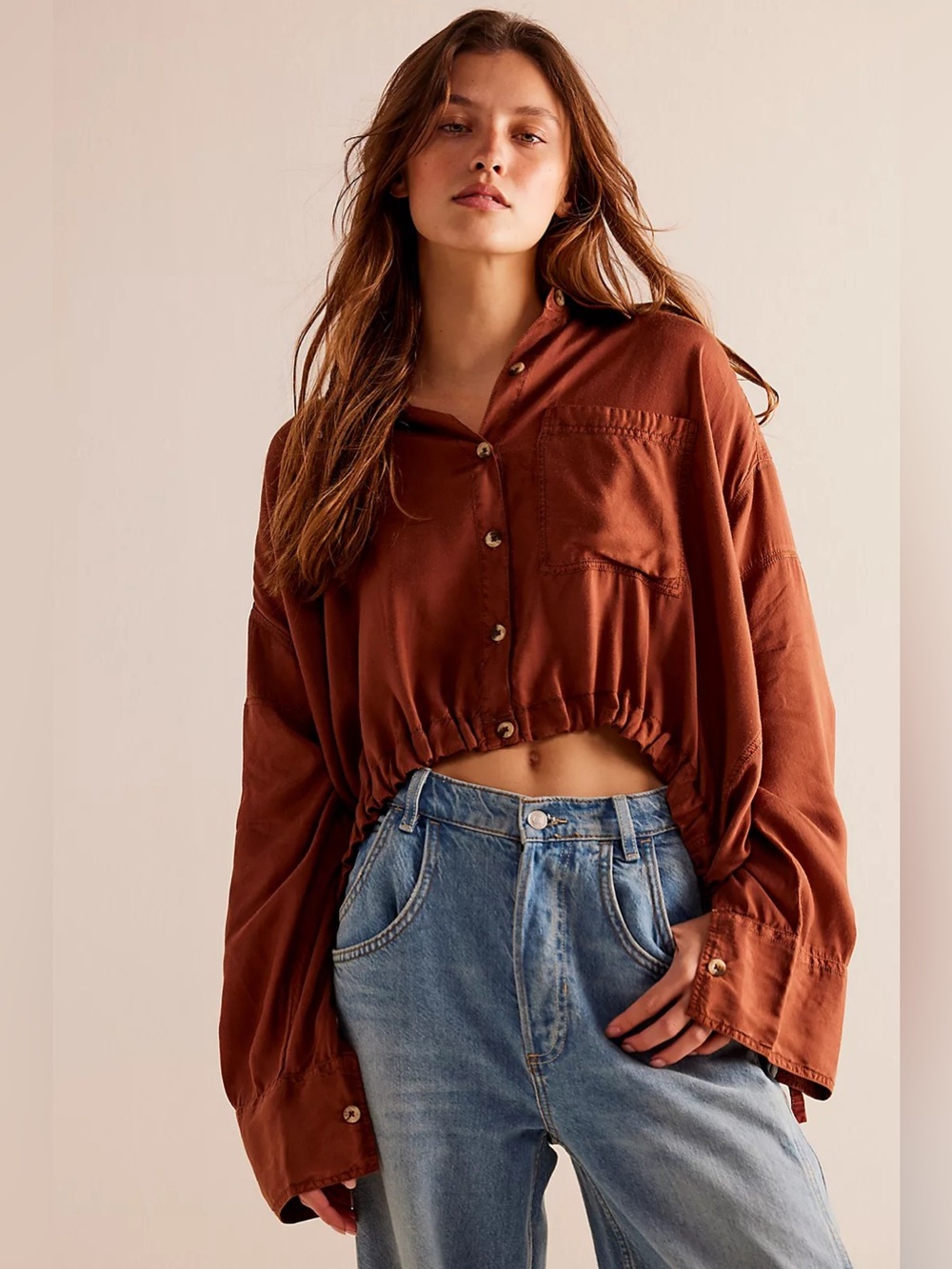 Free People We the Free Cinch it Up Silky Blouse Rust Brown M